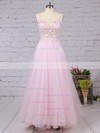 Princess V-neck Tulle Floor-length Appliques Lace Prom Dresses #LDB020102889