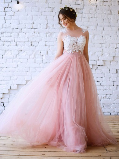 Princess Scoop Neck Tulle Floor-length Appliques Lace Prom Dresses #LDB020103231