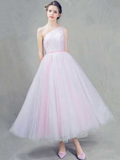 Ball Gown One Shoulder Tulle Ankle-length Beading Prom Dresses #LDB020103243