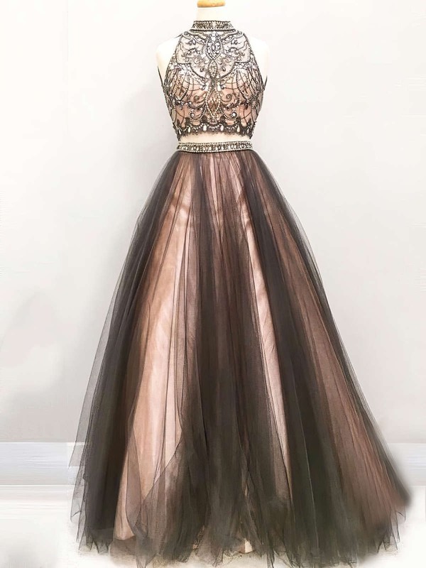 Princess High Neck Tulle Floor-length Beading Prom Dresses #LDB020103331