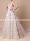 Princess V-neck Tulle Court Train Appliques Lace Prom Dresses #LDB020103499