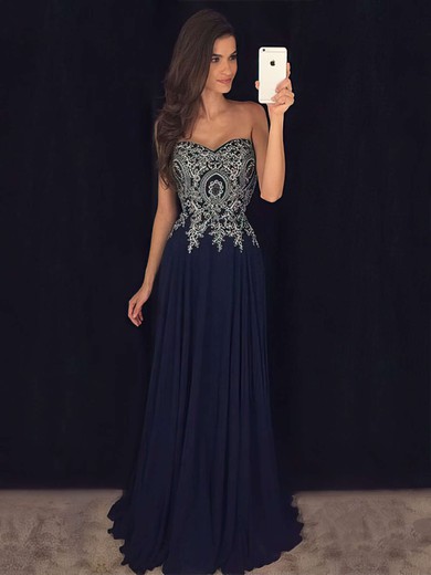 A-line Sweetheart Chiffon Floor-length Appliques Lace Prom Dresses #LDB020103501