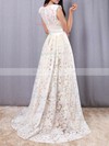 A-line Scoop Neck Lace Asymmetrical Sashes / Ribbons Prom Dresses #LDB020103509