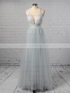 A-line V-neck Tulle Floor-length Split Front Prom Dresses #LDB020103576