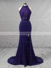 Sheath/Column High Neck Jersey Sweep Train Appliques Lace Prom Dresses #LDB020103577
