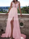 A-line Scoop Neck Chiffon Sweep Train Appliques Lace Prom Dresses #LDB020103578