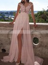 A-line Scoop Neck Chiffon Sweep Train Appliques Lace Prom Dresses #LDB020103578