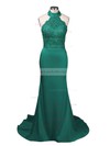 Trumpet/Mermaid Halter Jersey Court Train Appliques Lace Prom Dresses #LDB020103600