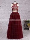 A-line Scoop Neck Tulle Floor-length Beading Prom Dresses #LDB020103601