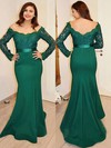 Trumpet/Mermaid Off-the-shoulder Lace Silk-like Satin Sweep Train Sashes / Ribbons Prom Dresses #LDB020103731