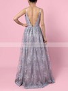A-line V-neck Tulle Sweep Train Appliques Lace Prom Dresses #LDB020104261