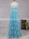 A-line V-neck Tulle Sweep Train Appliques Lace Prom Dresses #LDB020104261