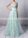 A-line V-neck Lace Tulle Sweep Train Beading Prom Dresses #LDB020104353