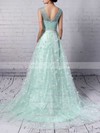 A-line V-neck Lace Tulle Sweep Train Beading Prom Dresses #LDB020104353