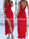 Sheath/Column V-neck Silk-like Satin Ankle-length Split Front Prom Dresses #LDB020104358