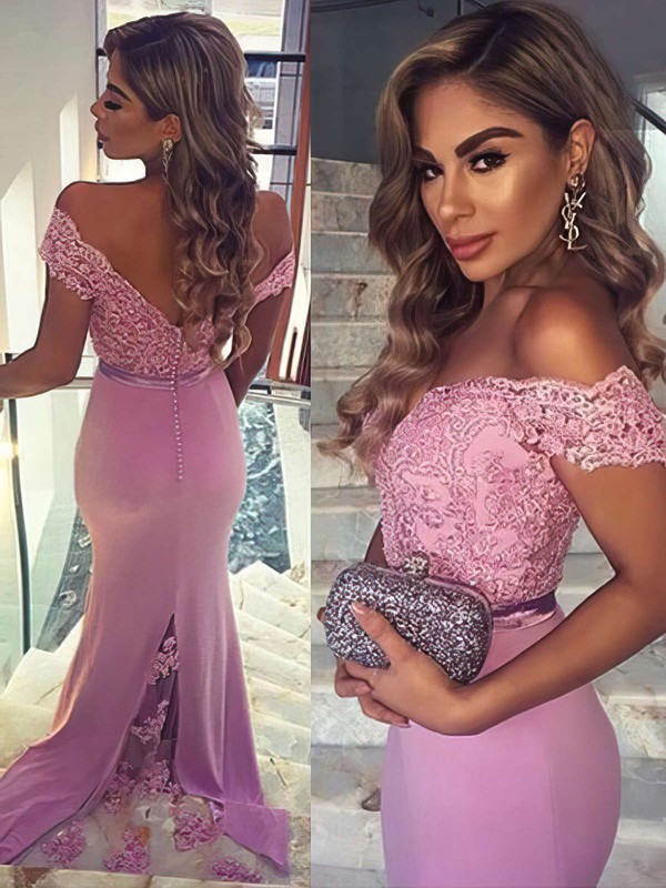 Trumpet/Mermaid Off-the-shoulder Jersey Sweep Train Appliques Lace Prom Dresses #LDB020104517