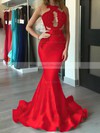 Trumpet/Mermaid Scoop Neck Jersey Sweep Train Appliques Lace Prom Dresses #LDB020104520
