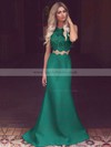 Trumpet/Mermaid Scoop Neck Lace SatinSweep Train Appliques Lace Prom Dresses #LDB020104536