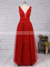 A-line V-neck Lace Tulle Floor-length Prom Dresses #LDB020104576