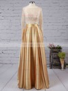 A-line Scoop Neck Lace Satin Floor-length Prom Dresses #LDB020104577
