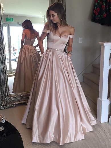 Ball Gown Off-the-shoulder Satin Floor-length Beading Prom Dresses #LDB020104578