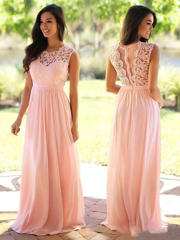 A-line Scoop Neck Lace Chiffon Floor-length Sashes / Ribbons Prom Dresses #LDB020104579