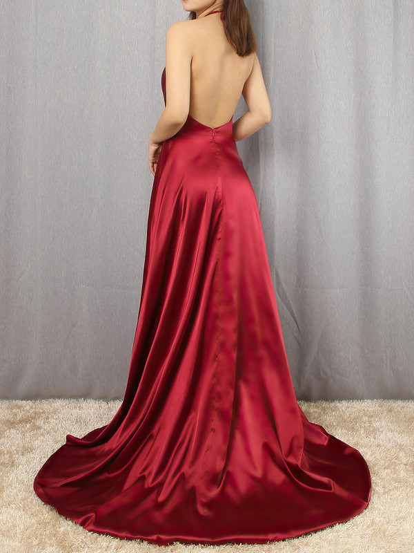 A-line Halter Silk-like Satin Floor-length Split Front Prom Dresses #LDB020104588