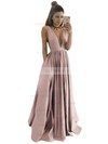 A-line V-neck Satin Floor-length Ruffles Prom Dresses #LDB020104605