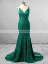Trumpet/Mermaid V-neck Lace Sweep Train Lace Prom Dresses #LDB020104811