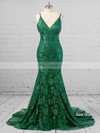 Trumpet/Mermaid V-neck Lace Sweep Train Lace Prom Dresses #LDB020104811