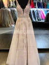 Princess V-neck Lace Tulle Floor-length Crystal Detailing Prom Dresses #LDB020104814
