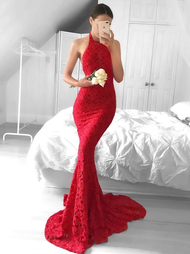 Trumpet/Mermaid Halter Lace Sweep Train Prom Dresses #LDB020104818