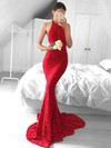 Trumpet/Mermaid Halter Lace Sweep Train Prom Dresses #LDB020104818