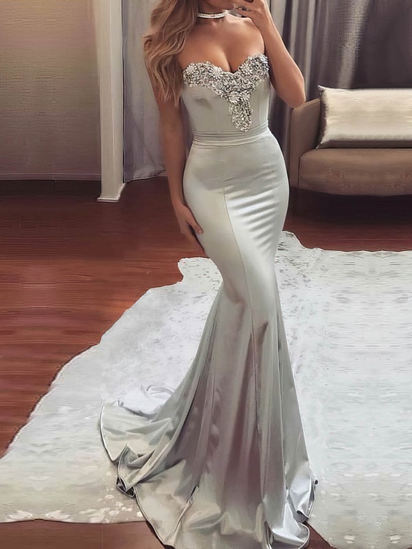 Trumpet/Mermaid Sweetheart Silk-like Satin Sweep Train Beading Prom Dresses #LDB020104831