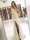 Sheath/Column V-neck Silk-like Satin Sweep Train Ruffles Prom Dresses #LDB020104919