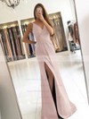 Sheath/Column V-neck Silk-like Satin Sweep Train Ruffles Prom Dresses #LDB020104919