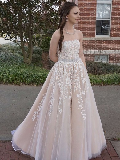 Princess Strapless Tulle Floor-length Beading Prom Dresses #LDB020104927