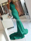Trumpet/Mermaid Halter Jersey Sweep Train Appliques Lace Prom Dresses #LDB020104945