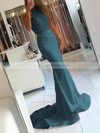 Trumpet/Mermaid Halter Jersey Sweep Train Appliques Lace Prom Dresses #LDB020104945
