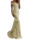 Trumpet/Mermaid Off-the-shoulder Lace Sweep Train Appliques Lace Prom Dresses #LDB020104963