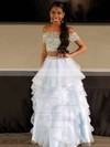 A-line Off-the-shoulder Tulle Floor-length Beading Prom Dresses #LDB020104975
