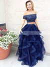 A-line Off-the-shoulder Tulle Floor-length Beading Prom Dresses #LDB020104975