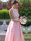 Princess High Neck Lace Satin Floor-length Beading Prom Dresses #LDB020105044