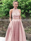 Princess High Neck Lace Satin Floor-length Beading Prom Dresses #LDB020105044