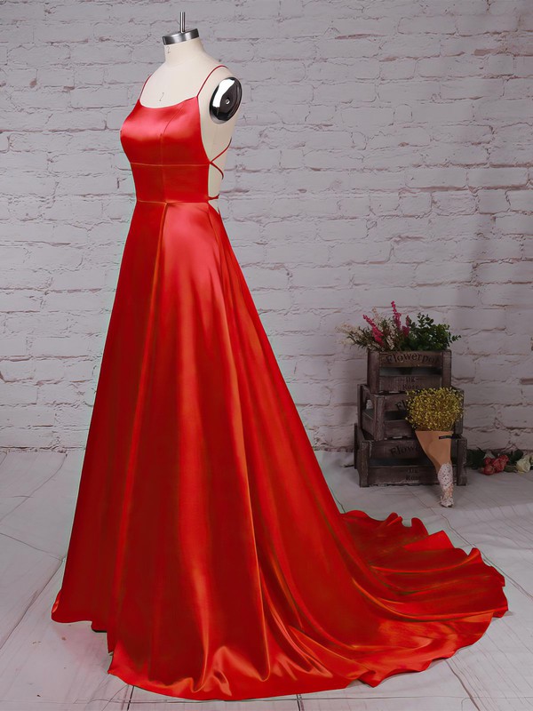A-line Scoop Neck Silk-like Satin Sweep Train Pockets Prom Dresses #LDB020105078