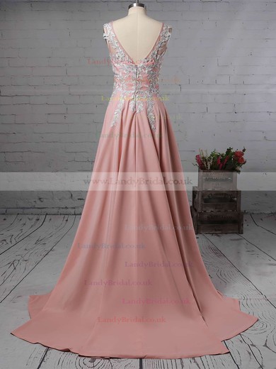A-line V-neck Silk-like Satin Sweep Train Appliques Lace Prom Dresses #LDB020105179