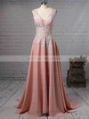 A-line V-neck Silk-like Satin Sweep Train Appliques Lace Prom Dresses #LDB020105179