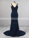 Trumpet/Mermaid V-neck Jersey Sweep Train Appliques Lace Prom Dresses #LDB020105264