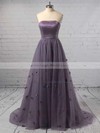 A-line Strapless Tulle Sweep Train Flower(s) Prom Dresses #LDB020105270