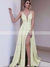 A-line V-neck Silk-like Satin Sweep Train Split Front Prom Dresses #LDB020105281